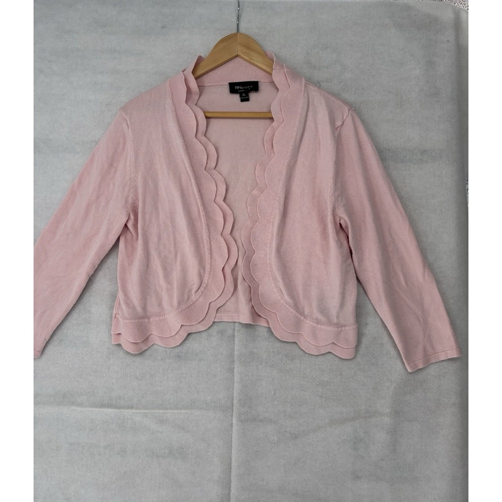RN Studio Women's XL Open Front Pink Sweater Cardigan Shrug Ruffled Bolero